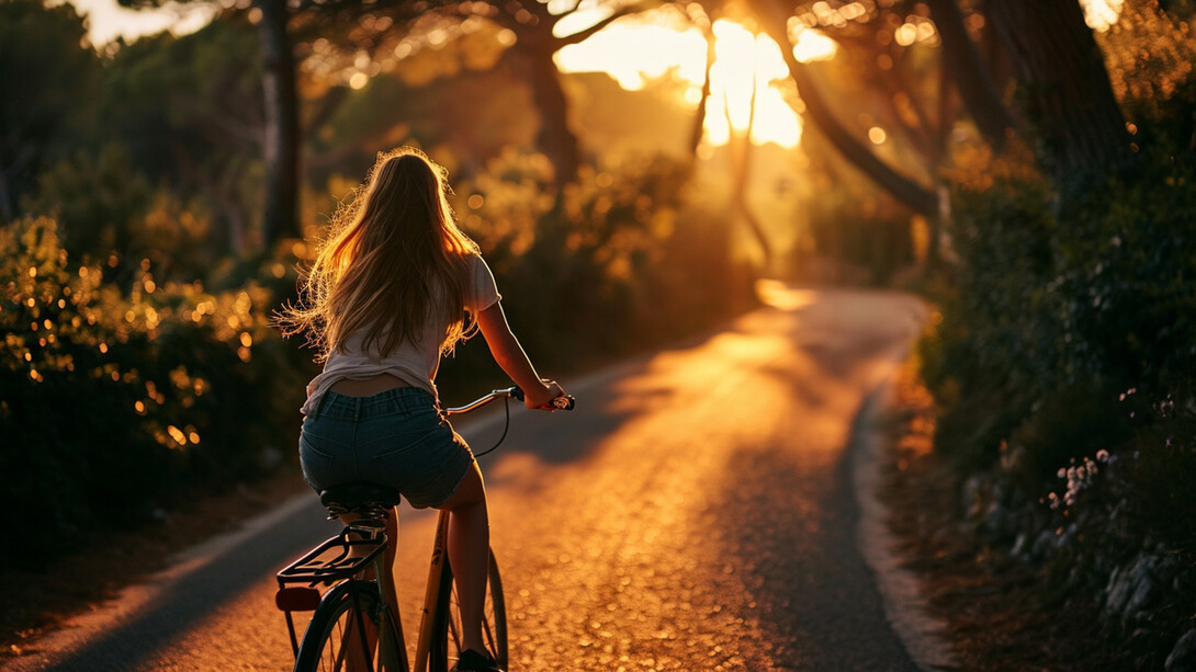 A cyclist enjoying a peaceful ride beneath the evening sun, representing how simple outdoor activities contribute to lasting fitness
