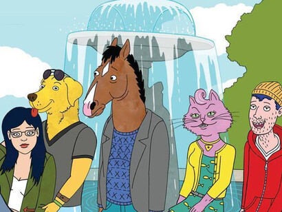 Diane Nguyen (Alison Brie), Todd Chavez (Aaron Paul), BoJack Horseman (Will Arnett), Princess Carolyn (Amy Sedaris) and Mr. Peanutbutter (Paul F. Tompkins)

