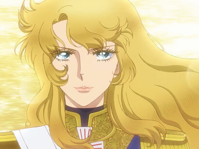 Oscar’s flowing hair and confident gaze, reflecting the cinematic beauty that made The Rose of Versailles timeless