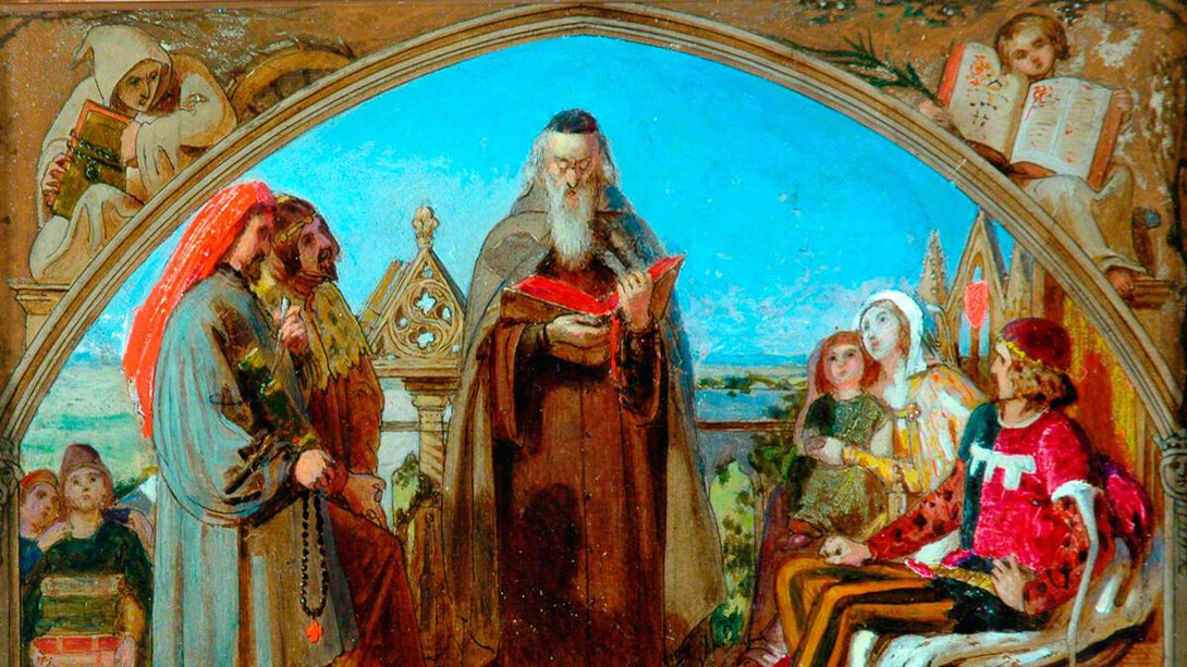 Ford Madox Brown (1821–1893). La primera traducción de la Biblia al inglés —Wycliffe leyendo su traducción del Nuevo Testamento a su protector—, Juan de Gante, duque de Lancaster, en presencia de Chaucer y Gower, sus vasallos. Pintura, 1847. The Cartwright Memorial Hall (Art Gallery And Museum) In Lister Park, 	
Bradford, Inglaterra