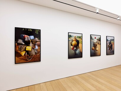 Romuald Hazoumè, Les fleurs du mâle, exhibition view. Courtesy of Gagosian