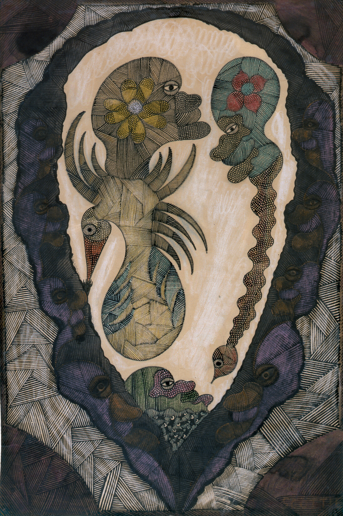 Scottie Wilson, vers 1940, encre et crayon de couleur sur papier, signé, 45,7 × 30,8 cm. Collection abcd