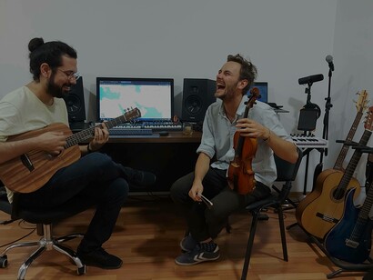 Mitch Ado (left) and Dan Hodd having a good time in the studio