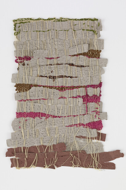 Sheila Hicks, Punched Notations, 2012. Paper and Synthetic yarn, 9 1/2 x 7 1/2 inches. Andrea and José Olympio Pereira Collection.