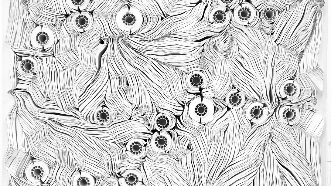 Jae Ko, JK 2189 White (detail), 2023, rolled paper, ink and glue with wood frame, 26x20 inches. Courtesy the artist and Heather Gaudio Fine Art