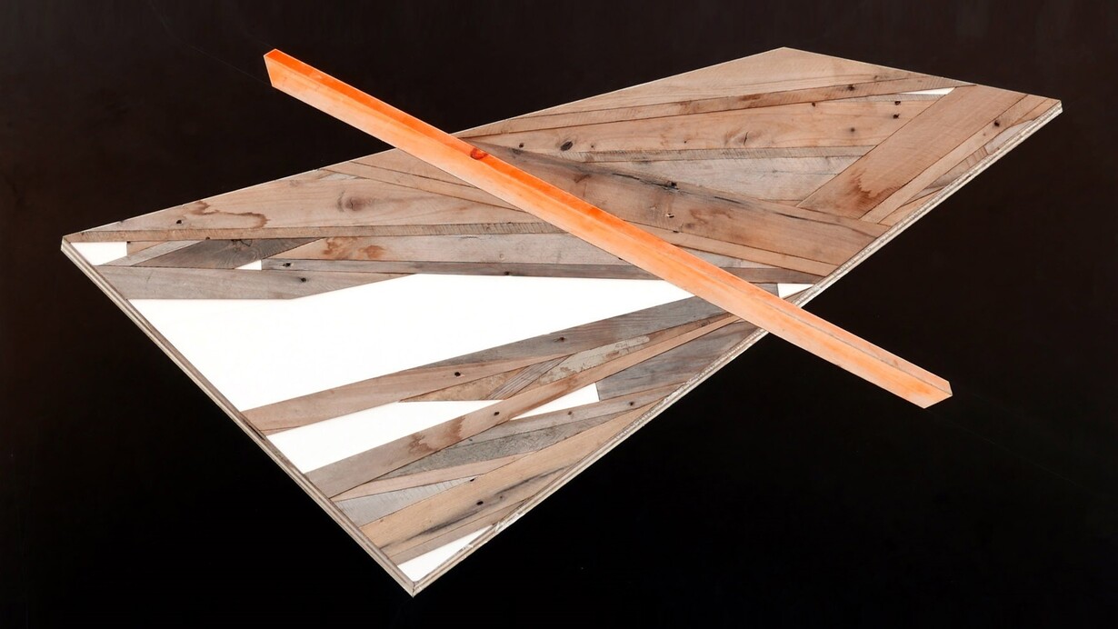 Michael Zelehoski, Orange Slash, 2015, Assemblage with repurposed wood and phenolic plywood, 108 x 179 cm / 43 x 70 in.