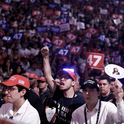 Supporters of former U.S. President Donald Trump gather at a campaign rally at Desert Diamond Arena in Glendale, Arizona, USA, in 2024