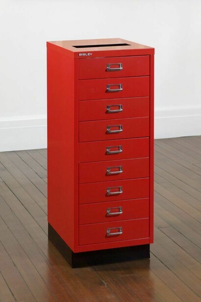 Flat File Globe 3A Red Version, 2007 Yupo, foam board, metal cabinet 37 x 13 3/4 x 18 1/8 inches
