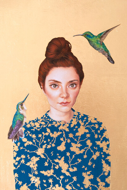 Valentina Porcelli, Blue Bird part II, olio e foglia oro su legno, 40 x 30 cm, 2021