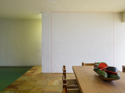 Untitled (Sculptural Study, Two-part Standing Construction), ca. 1986/2010. Deep red and white acrylic yarn. Situational dimensions: spatial relationships established by the artist