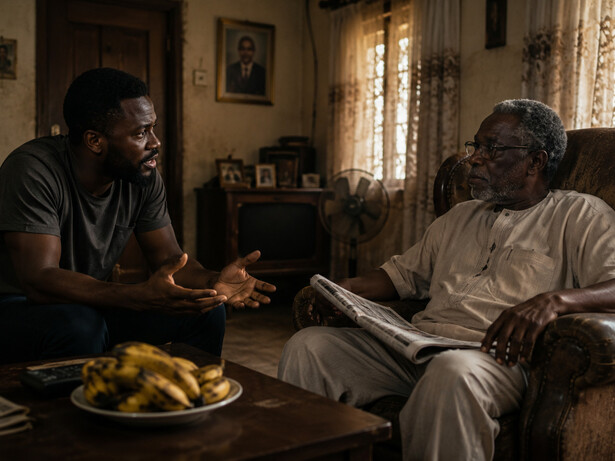 A son voicing his frustrations while his father responds with composure, showing the power of reflection over reaction