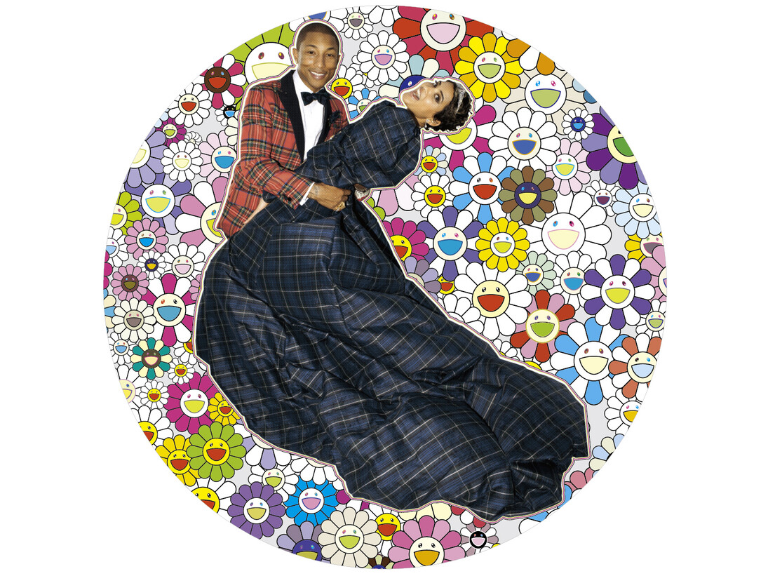 Takashi Murakami, Portrait of Pharrell and Helen - Dance, 2014, Acrylic and platinum leaf on canvas mounted on board
(Photo by Terry Richardson), φ1500 mm, © 2014 Takashi Murakami/Kaikai Kiki Co., Ltd. All Rights Reserved. Courtesy Galerie Perrotin