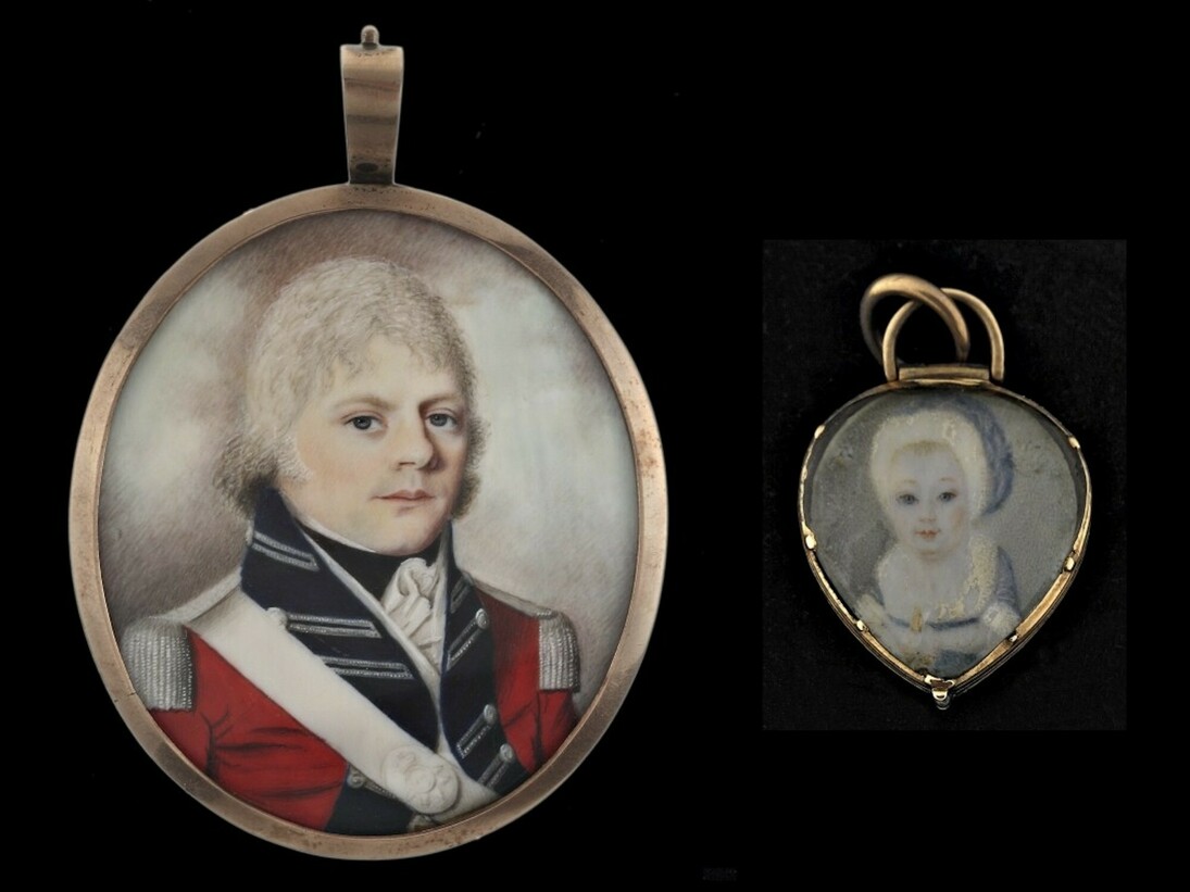 Miniature portraits of Officer James Cuthbert and his child. Medallion, about 1797-1798, charm about 1815-1820. Gift of Dr. Wendy C. Weaver, M2009.31.5.1-2 © McCord Museum