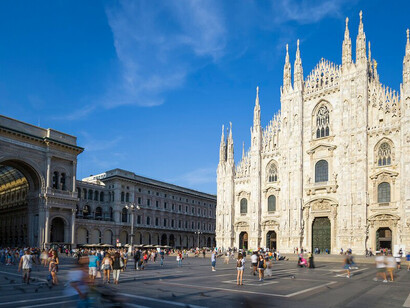 Milan Cathedral, also known as the Duomo, and the stunning Vittorio Emanuele II Gallery at Piazza del Duomo in Lombardy, Italy
