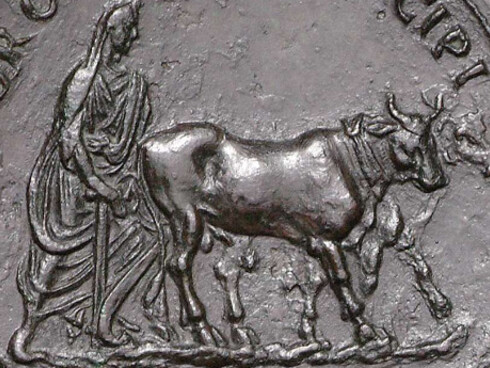 Sesterzo Traiano 111 d.C Sulcus primigenius, dettaglio