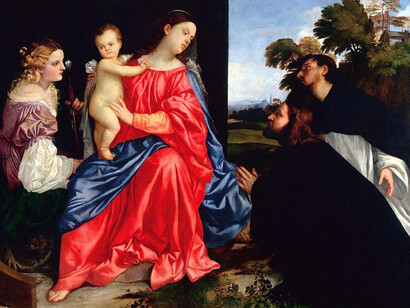 Fondazione Magnani Rocca (Traversetolo-Parma), Tiziano Vecellio, Sacra Conversazione, Madonna con il Bambino e i Santi Caterina e Domenico con il donatore, ca 1513 © Fondazione Magnani Rocca