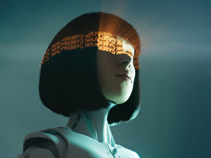 The word "data" glows in neon, floating mid-air before the cyborg girl's eyes as her sensors track its shifting light