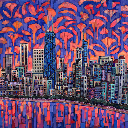 Anastasia Mak, Neon Chicago (detail), 2023. Acrylic on linen, 22" x 28" (framed). Courtesy of the artist and Jackson Junge Gallery