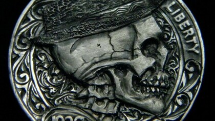 Hobo Nickel Skull with Scrolls Full Horn Hand carved by Robert Morris OHNS