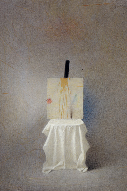 Gianfranco Ferroni, Sedia e cavalletto, 1993, tecnica mista su cartoncino, 36,6 x 29,2 cm, collezione privata 