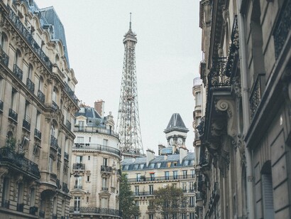 The Eifel Tower on an overcast day in Paris, France 