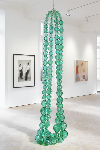 View of the exhibition “G I R L” curated by Pharrell Williams, 27 May – 25 June, 2014, Salle de Bal / Galerie Perrotin, Paris. Jean-Michel Othoniel, "Double Collier Emeraude", Murano glass, stainless steel / Verre de Murano, métal, 130 x 27 1/2 x 17 3/4 inches / 330 x 70 x 45 cm, Photo: Claire Dorn, Courtesy Galerie Perrotin