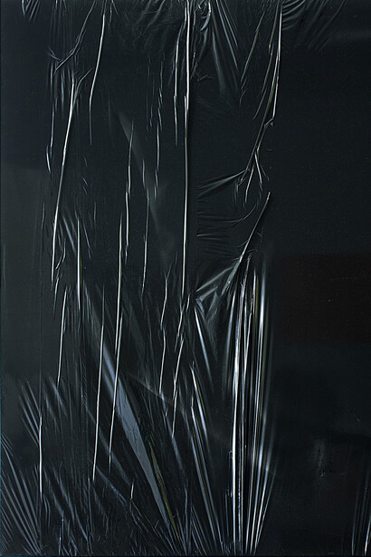 Acrylic, lacquer, spray paint, and PE, film on canvas, 120 x 100 cm