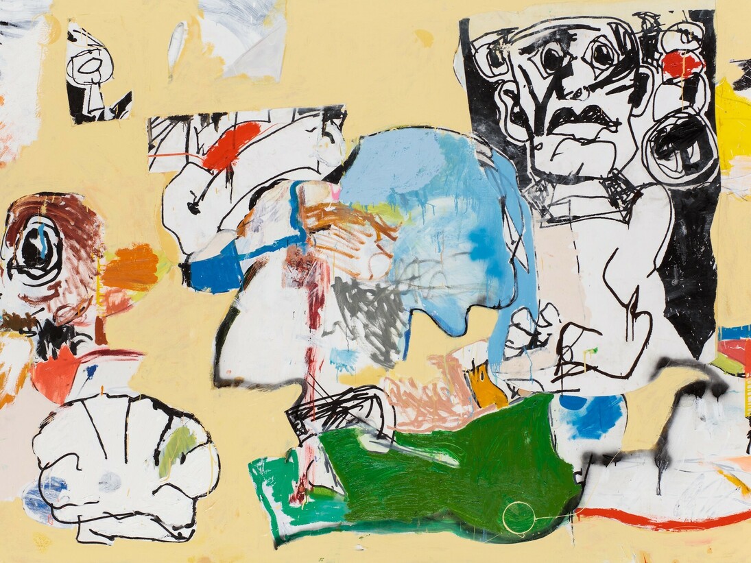 Eddie Martinez, When We Were In Good Hands, 2016-17, Oil paint, spray paint, enamel, collaged canvas and silkscreen ink on canvas, 182.9 x 274.3 cm. © Eddie Martinez Courtesy Timothy Taylor