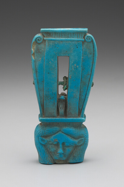 Sistrum (Rattle) with the Head of Hathor, Egyptian, Ptolemaic, ca. 304–30 B.C.E. Faience. Yale University Art Gallery, Gift of Mr. and Mrs. Fred Olsen