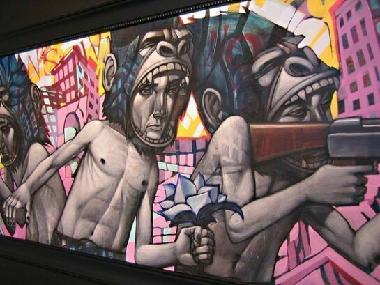 John Park, “Emergency Procedures” (detail), mixed media on wood, 60″x 48″