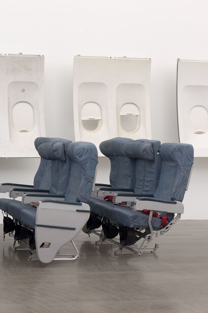 Untitled
2018
15 airplane window panels with wood and metal mounting; 3 airplane bench seats
Window panels: each 130 x 106 x 38 cm / 51 1/8 x 41 3/4 x 15 in
Bench seats: each 116 x 154 x 56 cm / 45 5/8 x 60 5/8 x 22 in
Installation dimensions variable
Photo: Todd- White