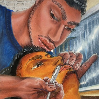 Juan Arango Palacios,
Line Up (detail), 2024,
Pastel and colored pencil on paper,
14h x 11w in. Courtesy of the artist and Selenas Mountain