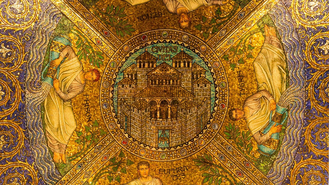 Civitas Dei ("La città di Dio"), mosaico in stile neo bizantino sul soffitto dell'ingresso della cattedrale imperiale di Santa Maria ad Aquisgrana in Germania