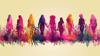 Diverse women in vibrant, flowing silhouettes emerging from nature, symbolizing the potential for compassionate and nurturing leadership rooted in the feminine principle