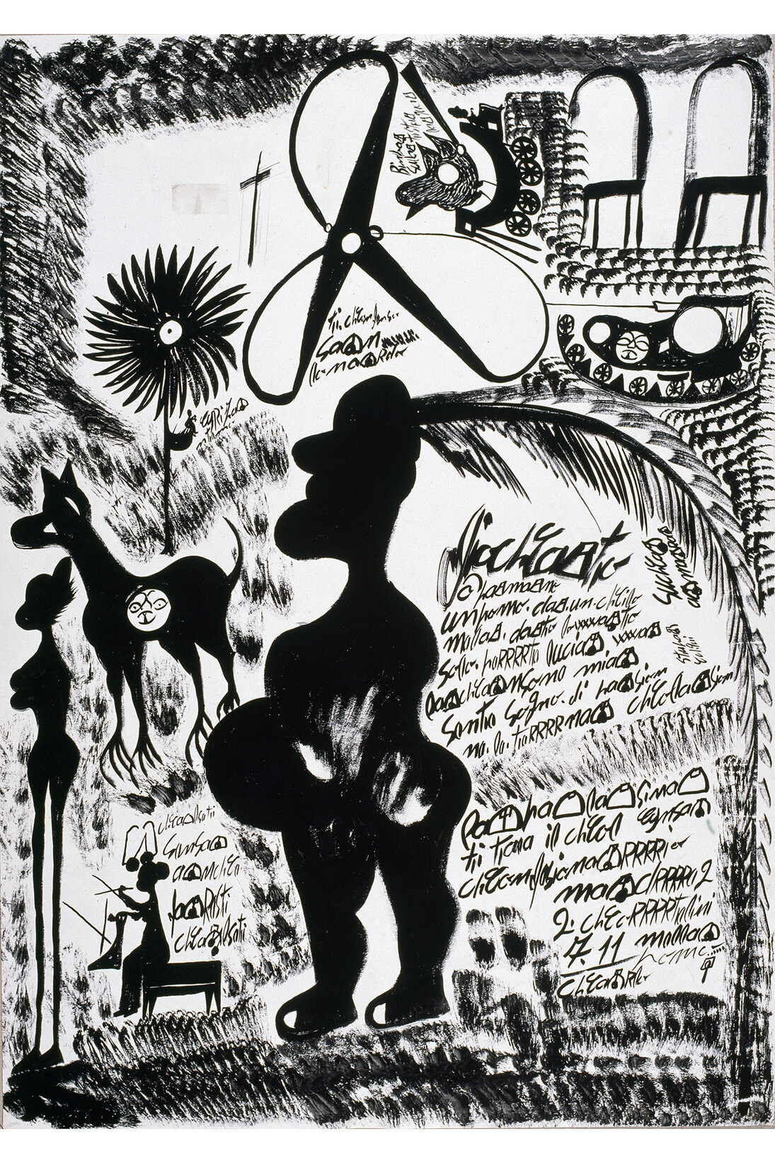 Carlo Zinelli, Campanile, birds and rifles / Black bird in nest, houses and figures, February 20th, 1969, Recto, gouache and coloured pencil on paper, Donated by L’Aracine in 1999, Villeneuve d’Ascq, LaM, Lille Métropole musée d’art moderne d’art contemporain et d’art brut, © Philip Bernard