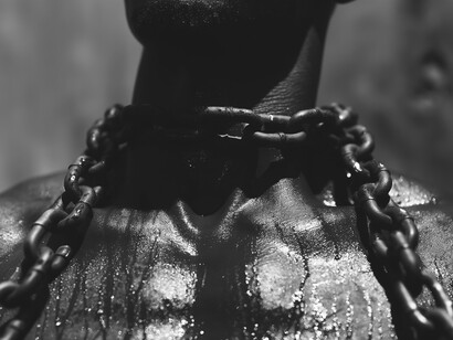 Chains around a person's neck, a grim image of a not-so-distant past