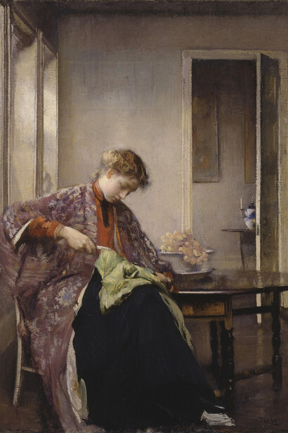 Edmund C. Tarbell
American, 1862–1938
A Girl Mending
1905
Oil on canvas
30 1/8 x 25 ¼ in. (76.5 x 64.1 cm)
Sidney and Lois Eskenazi Museum of Art, Morton and Marie Bradley Memorial Collection