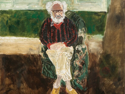 Jean Cooke - Portrait of John Bratby Seated, 1970. Oil on canvas, 122x122 cm. The Estate of Jean Cooke. Courtesy of Piano Nobile, Robert Travers (Works of Art) Ltd