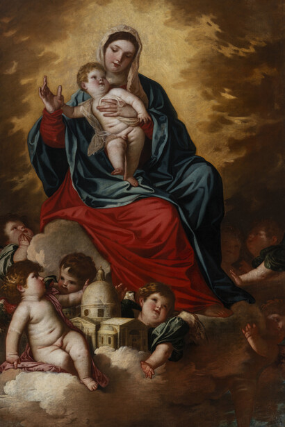 Alessandro Varotari (detto Padovanino). Madonna con bambino e modello votivo del tempio della Salute, 1631
