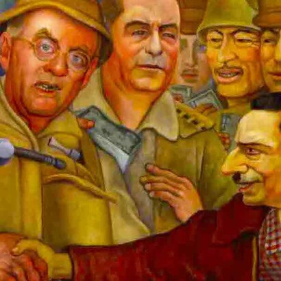 Detalle de «La gloriosa victoria» (Diego Rivera): el secretario de estado de los EE.UU, John Foster Dulles le da la mano a Castillo Armas