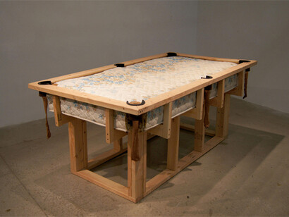 Anna Campbell, A Pocket, A Cue, A Shot, 2012, mattress, 2 x 4s, rubber, stockings, 4 x 4 x 7 ft