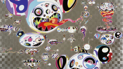 Takashi Murakami, "Hands Clapsed", 2015, Acrylic and platinum leaf on canvas mounted on aluminum frame, 180 x 240 cm © 2015 Takashi Murakami/Kaikai Kiki Co., Ltd. All Rights Reserved.