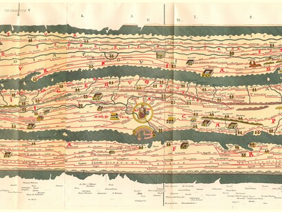 Segmento della "Tabila Peutingeriana" mappa dell'Impero con le principali arterie stradali romane. Roma