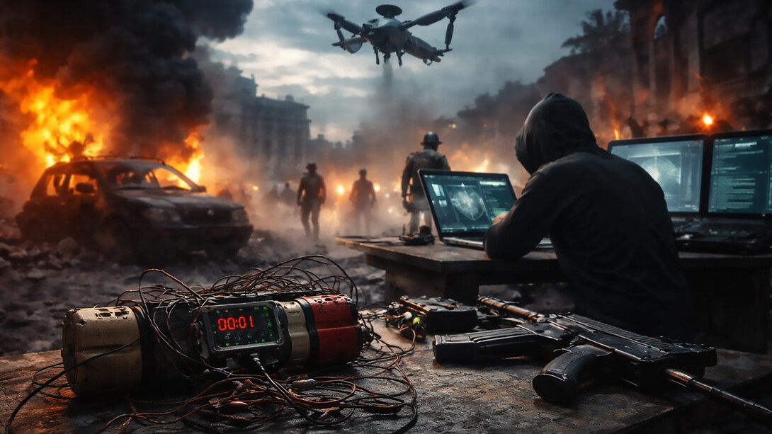 A city caught between war and peace: a single operator, distant silhouettes, and unseen forces reveal how modern conflict unfolds through technology, fear, and proxy violence rather than open battle