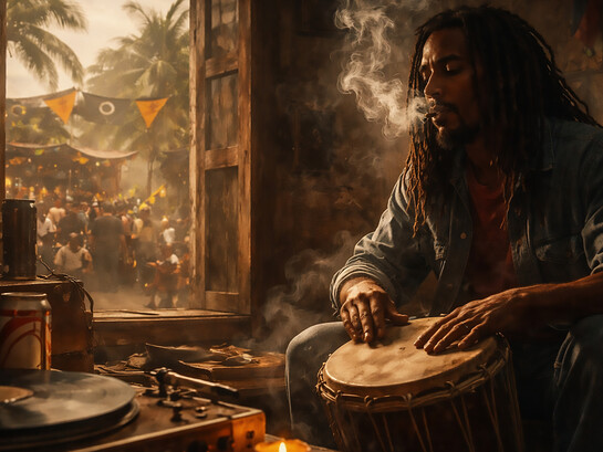 A solitary drummer in a Jamaican interior, where rhythm carries memory, resistance, and the unfinished struggle against Babylon