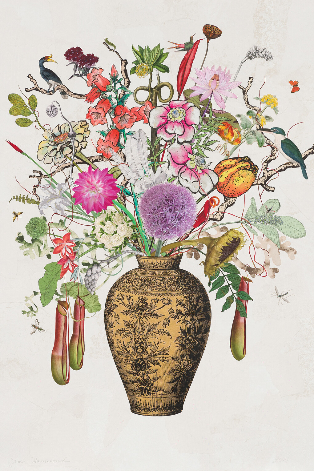 Jane Hammond, Gold Vase with Allium Kingfisher and Pitcher Plant