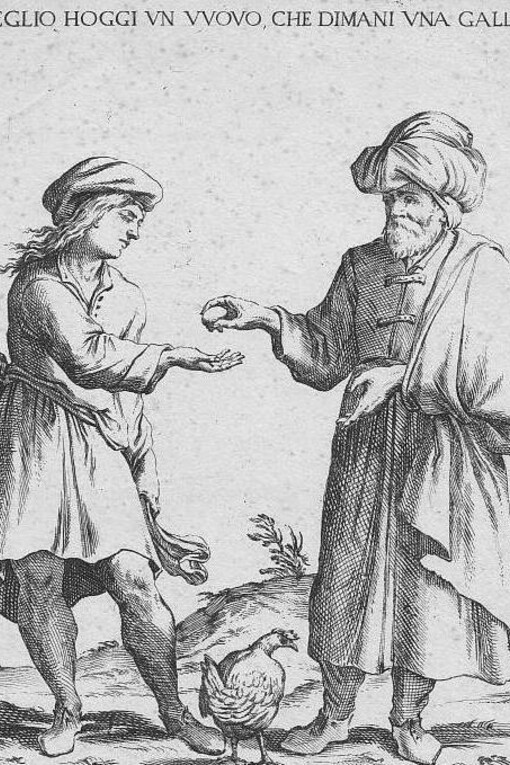 Proverbio “Meglio un uovo oggi che una gallina domani“, incisione su rame, circa 1750 ca