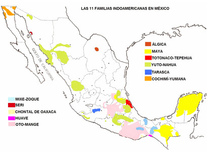 Mapa de las 11 familias lingüísticas indoamericanas de México