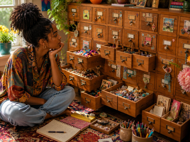 A collection of drawers overflowing with keepsakes, reflecting the idea of creating tiny rooms for important things
