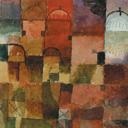 Red and White Domes, 1914. Watercolour and bodycolour on Japanese Vellum mounted on cardboard, 14.6 x 13.7 cm. Kunstsammlung Nordrhein-Westfalen, Dusseldorf
